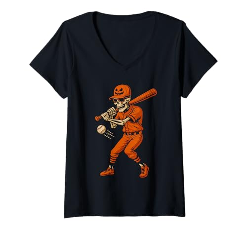 Damen Skelett-Kürbis-Baseballspieler Halloween für Sportliebhaber T-Shirt mit V-Ausschnitt von Skeleton Slugger Halloween Baseball Fans