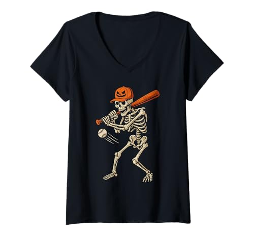 Damen Skelett-Kürbis-Baseballspieler Halloween für Sportliebhaber T-Shirt mit V-Ausschnitt Damen Skelett-Kürbis-Baseballspieler Halloween für Sportliebhaber T-Shirt mit V-Ausschnitt von Skeleton Slugger Halloween Baseball Fans
