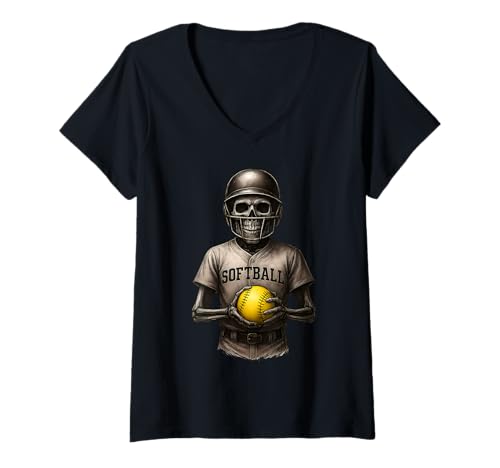 Damen Gruseliges Skelett Softball Skelette Spieler Halloween Frauen T-Shirt mit V-Ausschnitt Damen Gruseliges Skelett Softball Skelette Spieler Halloween Frauen T-Shirt mit V-Ausschnitt von Skeleton Softball Halloween Scary Sports