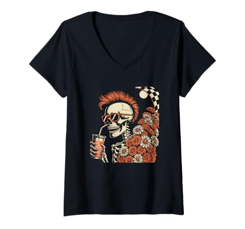 Damen Skelett mit roten Haaren und Getränken T-Shirt mit V-Ausschnitt Damen Skelett mit roten Haaren und Getränken T-Shirt mit V-Ausschnitt von Skeleton Summer Vibes Retro Floral