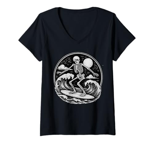 Damen Skelett Surfer Vintage Big Wave Surfen Halloween Vibe Goth T-Shirt mit V-Ausschnitt Damen Skelett Surfer Vintage Big Wave Surfen Halloween Vibe Goth T-Shirt mit V-Ausschnitt von Skeleton Surfer Vintage Big Wave Surfing