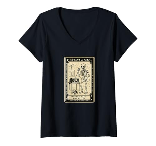 Damen The Ham Radio Operator Tarotkarte – Halloween Gruselige Gothic T-Shirt mit V-Ausschnitt von Skeleton Tarot Astrology Zodiac Occult Witch by RJ