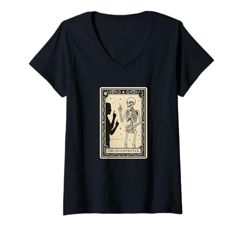 Damen The Interpreter Tarotkarte Spooky Gothic Übersetzer Übersetzer Übersetzer T-Shirt mit V-Ausschnitt von Skeleton Tarot Astrology Zodiac Occult Witch by RJ