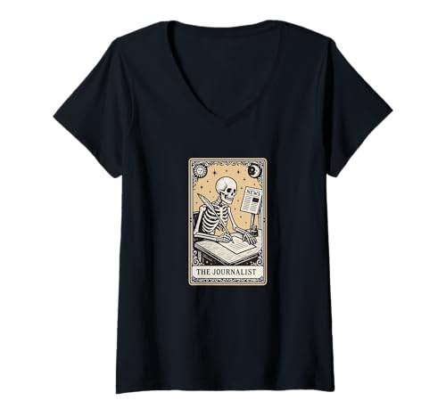 Damen The Journalist Tarotkarte Journalismus News Spooky Gothic T-Shirt mit V-Ausschnitt von Skeleton Tarot Astrology Zodiac Occult Witch by RJ
