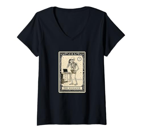 Damen The Manager Tarotkarte – gruselige Gothic-Management-Chef-Arbeit T-Shirt mit V-Ausschnitt von Skeleton Tarot Astrology Zodiac Occult Witch by RJ