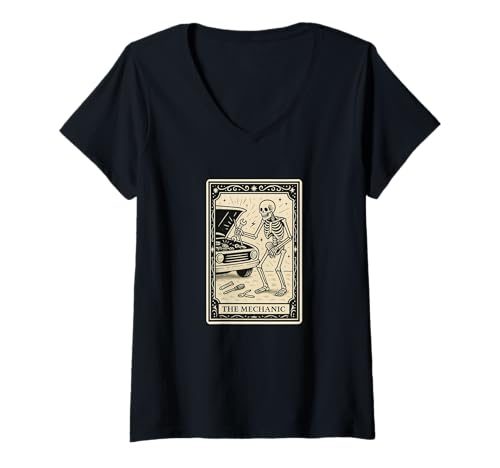 Damen The Mechanic Tarotkarte - Gruselige Gothic Garage Werkstatt Auto T-Shirt mit V-Ausschnitt von Skeleton Tarot Astrology Zodiac Occult Witch by RJ