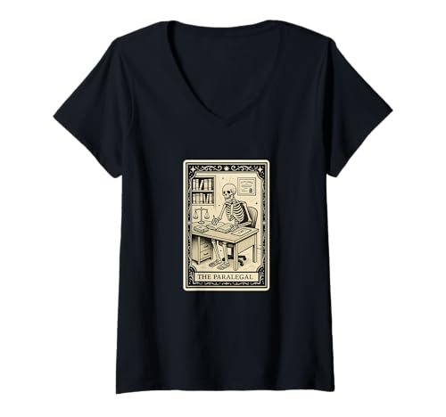 Damen The Paralegal Tarotkarte – gruseliger gotischer Rechtsanwalt T-Shirt mit V-Ausschnitt von Skeleton Tarot Astrology Zodiac Occult Witch by RJ