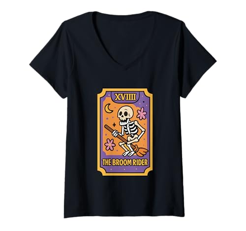 Damen Skeleton Tarotkarte The Broom Rider XVIII T-Shirt mit V-Ausschnitt Damen Skeleton Tarotkarte The Broom Rider XVIII T-Shirt mit V-Ausschnitt von Skeleton Tarot Broom Rider Halloween Fun