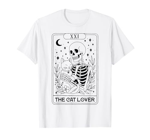Katzenliebhaber-Skelett-Tarotkarte Halloween Linie Zeichnung Mama Papa T-Shirt von Skeleton Tarot Card Halloween Tees NYC