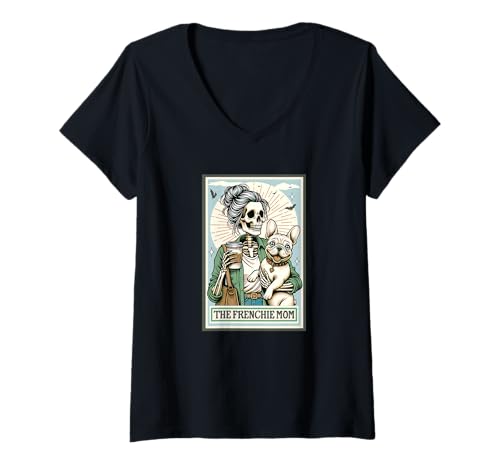 Damen The French Bulldog Mom Skelett Spooky Season Halloween T-Shirt mit V-Ausschnitt von Skeleton Tarot Card T-Shirt Co.