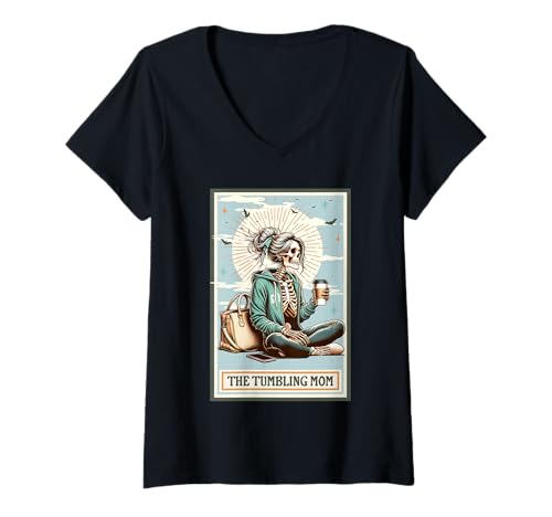 Damen The Tumbling Mom Gymnastik Skelett Geschenk Gruseliges Halloween T-Shirt mit V-Ausschnitt von Skeleton Tarot Card T-Shirt Co.