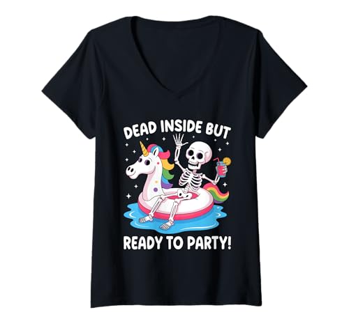 Damen Dead Inside But Ready to Party Skeleton T-Shirt mit V-Ausschnitt Damen Dead Inside But Ready to Party Skeleton T-Shirt mit V-Ausschnitt von Skeleton Unicorn Rainbow Party Vibes