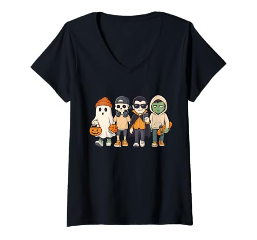 Damen Halloween Gruppenkostüm Vampir Skelett und Zombie T-Shirt mit V-Ausschnitt von Skeleton Vampire and Zombie Halloween Gifts
