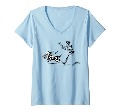Damen Skeleton Walking Dog Halloween Skeleton Chasing Dog Skeleton T-Shirt mit V-Ausschnitt Damen Skeleton Walking Dog Halloween Skeleton Chasing Dog Skeleton T-Shirt mit V-Ausschnitt von Skeleton Walking Dog Shirt Skeleton Chasing Dog