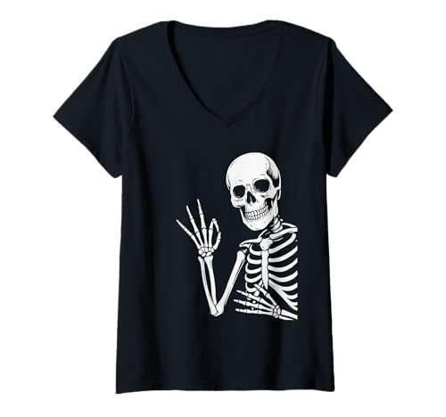Damen Lustiges Skelett winkt Halloween Party Kostüm Spaß T-Shirt mit V-Ausschnitt Damen Lustiges Skelett winkt Halloween Party Kostüm Spaß T-Shirt mit V-Ausschnitt von Skeleton Wave Tee Fun Spooky Halloween Party