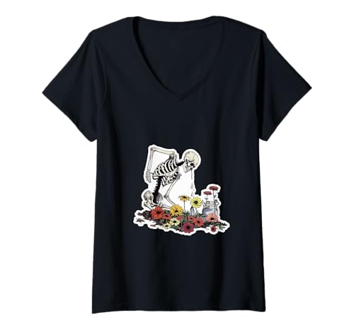 Damen Pflanzenliebhaber Skelett Blumen T-Shirt mit V-Ausschnitt von Skeleton With Flower Shirt Botany And Bones