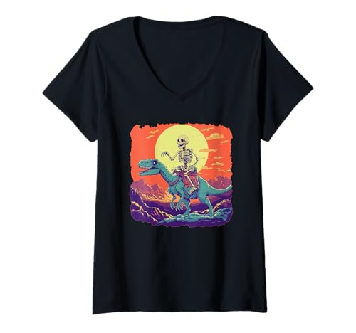 Damen Skelett mit Dinosaurier Kostüm für lustige Fahrten mit Sonnenuntergang T-Shirt mit V-Ausschnitt Damen Skelett mit Dinosaurier Kostüm für lustige Fahrten mit Sonnenuntergang T-Shirt mit V-Ausschnitt von Skeleton rides a Dinosaur