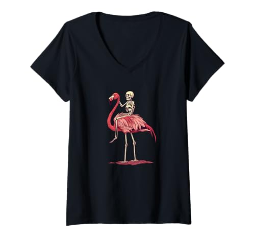 Damen Skelett mit Flamingo-Grafik für eine lustige Sommerstimmung T-Shirt mit V-Ausschnitt Damen Skelett mit Flamingo-Grafik für eine lustige Sommerstimmung T-Shirt mit V-Ausschnitt von Skeleton riding Flamingo