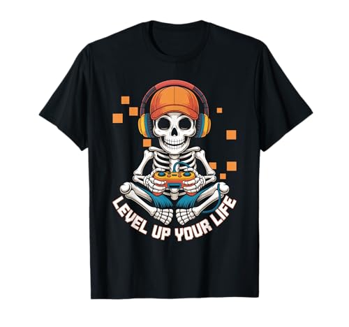 Skelett Gamer Level Up Your Life Quit Funny Halloween Männer T-Shirt von Skelett Gaming Kopfhörer Retro Gamer Vibes