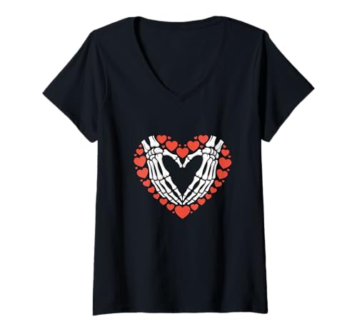 Damen Knochen Hände Herzform Liebe Valentinstag Halloween T-Shirt mit V-Ausschnitt von Skelett Hände Herz Liebe Gothic Romantik
