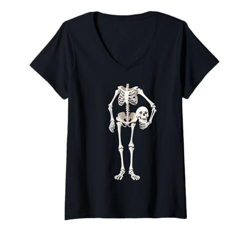 Damen Skelett Kostüm Halloween Totenschädel Karneval lustig Grusel T-Shirt mit V-Ausschnitt von Skelett Halloween Kostüm lustig Grusel gruselig