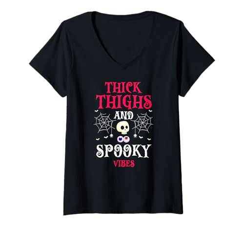 Damen Dicke Oberschenkel Spukige Halloween Stimmung T-Shirt mit V-Ausschnitt von Skelett Hexe Fledermaus Witzig Halloween