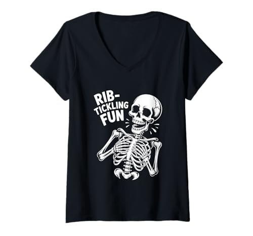 Damen Halloween Skelett Rib Tickling Fun Lustiger Spruch T-Shirt mit V-Ausschnitt Damen Halloween Skelett Rib Tickling Fun Lustiger Spruch T-Shirt mit V-Ausschnitt von Skelett Humor Grusel Spuknacht Halloween