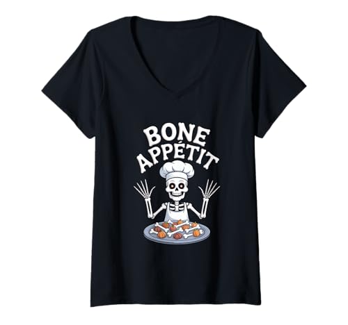 Damen Halloween Skelett Koch Bone Appetit Gruselig Spruch T-Shirt mit V-Ausschnitt von Skelett Koch Humor Halloween Grusel Spruch Kuche