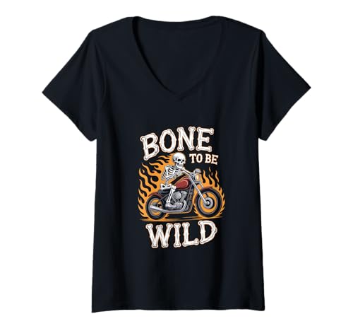 Damen Halloween Skelett Motorrad Bone to Be Wild Feuer T-Shirt mit V-Ausschnitt von Skelett Motorradfahrer Halloween Flammen