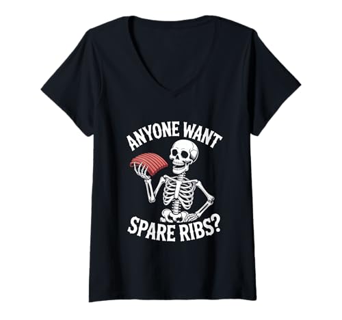 Damen Halloween Skelett Will Jemand Spare Ribs T-Shirt mit V-Ausschnitt von Skelett Rippenwitz Grillen Kostüm Halloween