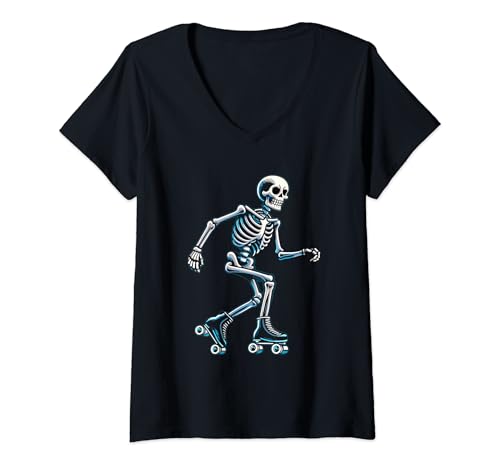 Damen Skelett Rollschuhe Roller Skates Halloween T-Shirt mit V-Ausschnitt von Skelett Rollschuh Halloween Kostüm