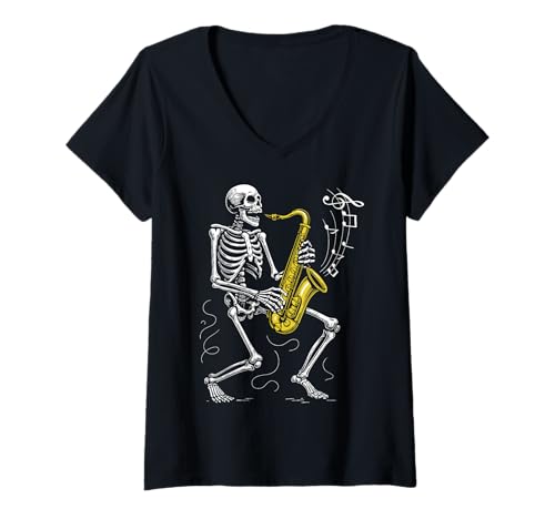 Damen Skelett Saxophon Jazzmusiker T-Shirt mit V-Ausschnitt von Skelett Saxophon Musik Halloween Saxophonist