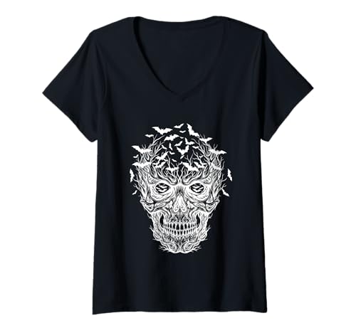 Damen Fledermaus Schädel Weiß Kunst Grafik Halloween T-Shirt mit V-Ausschnitt Damen Fledermaus Schädel Weiß Kunst Grafik Halloween T-Shirt mit V-Ausschnitt von Skelett Schädel Halloween Kostüm