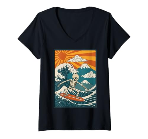 Damen Skelett Surfen Japanische Welle T-Shirt mit V-Ausschnitt Damen Skelett Surfen Japanische Welle T-Shirt mit V-Ausschnitt von Skelett Surfen Japan Surfer Anime Große Welle