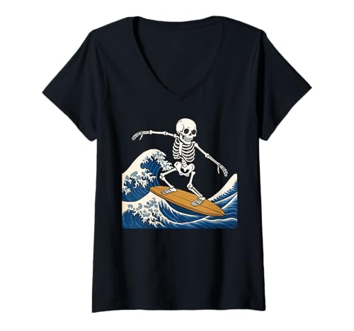 Damen Skelett Surfen Japanische Welle T-Shirt mit V-Ausschnitt Damen Skelett Surfen Japanische Welle T-Shirt mit V-Ausschnitt von Skelett Surfen Japan Surfer Anime Große Welle