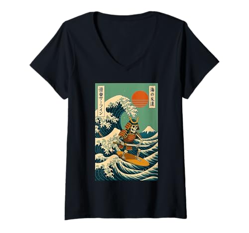 Damen Skelett Samurai Surfen Japanische Welle T-Shirt mit V-Ausschnitt von Skelett Surfer Große Welle Katana Anime Kawaii
