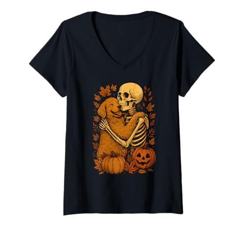 Damen Skelett Umarmung Golden Retriever T-Shirt mit V-Ausschnitt von Skelett Umarmt Hund