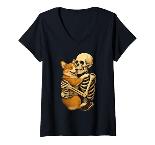 Damen Skelett Umarmung Pembroke Welsh Corgi T-Shirt mit V-Ausschnitt von Skelett Umarmt Hund