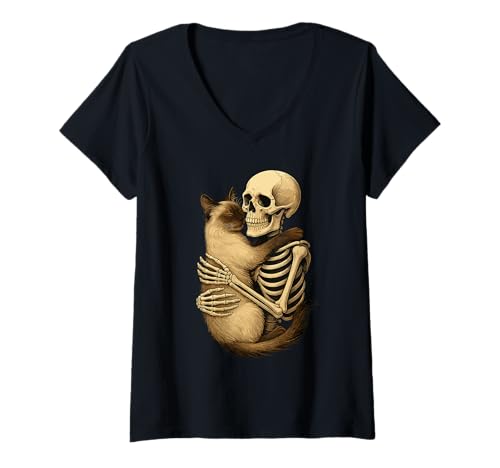 Damen Skelett Umarmung Balinesische Katze T-Shirt mit V-Ausschnitt von Skelett Umarmt Katze