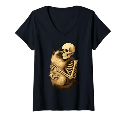 Damen Skelett Umarmung Himalaya Katze T-Shirt mit V-Ausschnitt Damen Skelett Umarmung Himalaya Katze T-Shirt mit V-Ausschnitt von Skelett Umarmt Katze