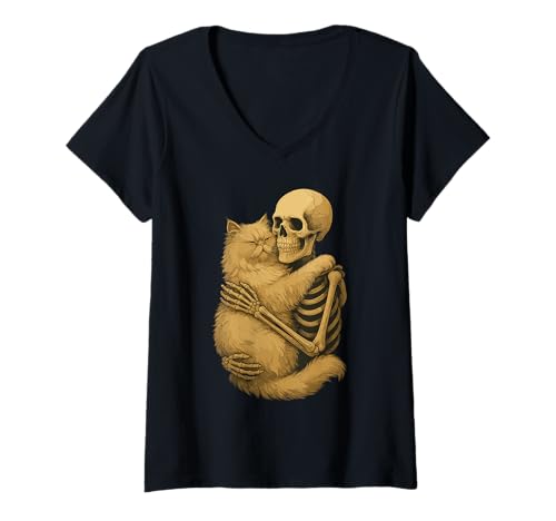 Damen Skelett Umarmung Perserkatze T-Shirt mit V-Ausschnitt von Skelett Umarmt Katze