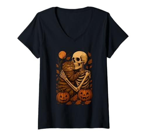 Damen Skelett Umarmung Scottish Fold T-Shirt mit V-Ausschnitt Damen Skelett Umarmung Scottish Fold T-Shirt mit V-Ausschnitt von Skelett Umarmt Katze