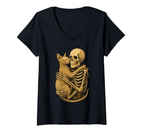 Damen Skelett Umarmung Sphynxkatze T-Shirt mit V-Ausschnitt von Skelett Umarmt Katze