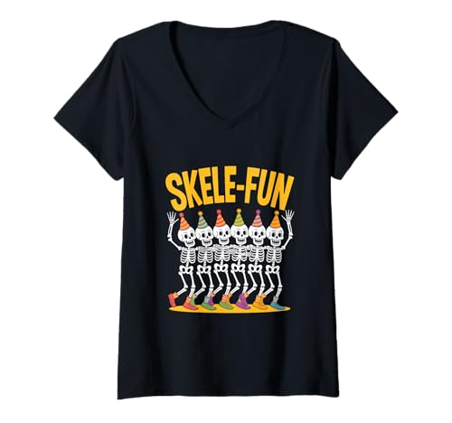 Damen Halloween Skele Fun Tanzende Skelette Party Spaß T-Shirt mit V-Ausschnitt Damen Halloween Skele Fun Tanzende Skelette Party Spaß T-Shirt mit V-Ausschnitt von Skelette Partyspaß Halloween Karneval Grusel