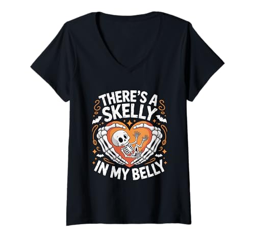 Damen There Skelly In My Belly Skelett Frauen Halloween Schwangerschaft T-Shirt mit V-Ausschnitt Damen There Skelly In My Belly Skelett Frauen Halloween Schwangerschaft T-Shirt mit V-Ausschnitt von Skelly In My Belly Pregnant Halloween Announcement