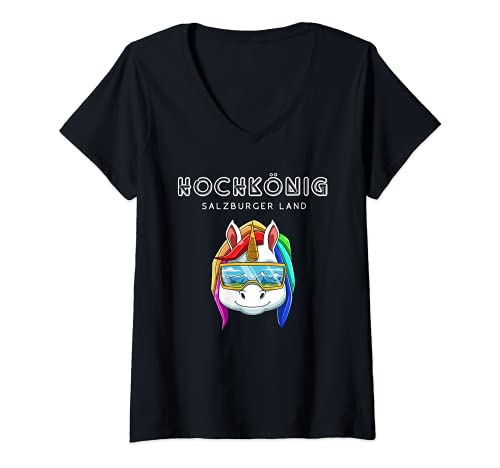 Damen Hochkönig Salzburger Land Österreich Retro Ski Einhorn T-Shirt mit V-Ausschnitt von Ski und Snowboard Hochkönig Salzburger Land