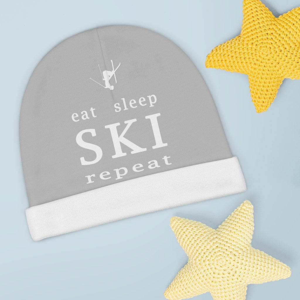 Eat Sleep Ski Graue Babymütze, Vom Skifahren Inspirierte Slouchy-Mütze, Glatt Und Dehnbar Neugeborenen-Baby-Dusche-Geschenk von SkiStuffStore