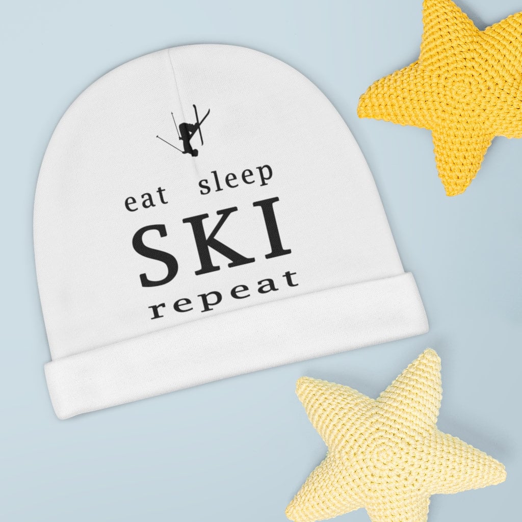 Eat Sleep Ski Weiße Babymütze, Vom Skifahren Inspirierte Slouchy-Mütze, Glatte Und Dehnbare Skimütze, Neugeborenen-Baby-Dusche-Geschenk von SkiStuffStore