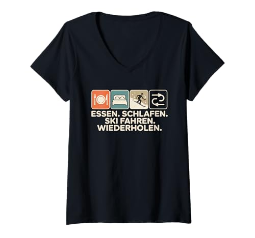 Damen Skifahren Essen Schlafen Ski Fahren Apres Ski Wintersport T-Shirt mit V-Ausschnitt von Skifahrer Apres Ski Wintersport Skiurlaub