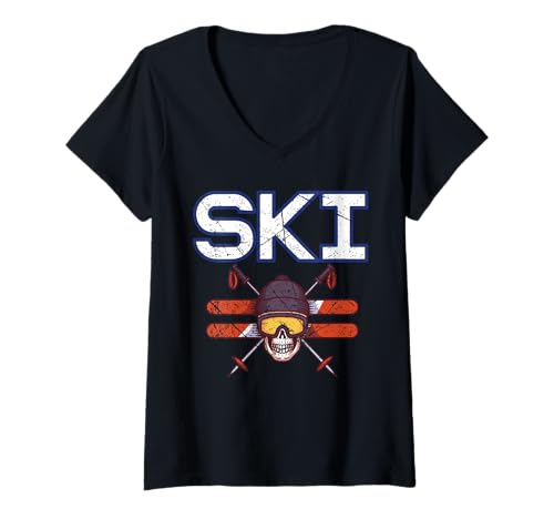 Damen Skifahren T-Shirt mit V-Ausschnitt von Skifahrer Skipiste Skiurlaub Ski Geschenke